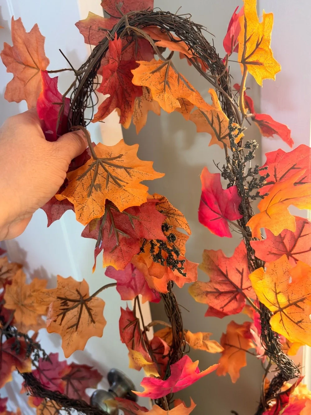 Autumn Maple Leaf Garland - Fall Door Decor in Red & Orange set of 4